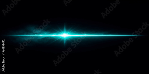 A digital art design of a bright blue abstract motion wave and glowing star rays flickering like an energy flash against a dark black night sky background