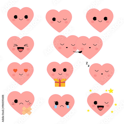 Flat design graphic of pink heart characters with cute facial expressions showing emotions like love happiness and sadness.