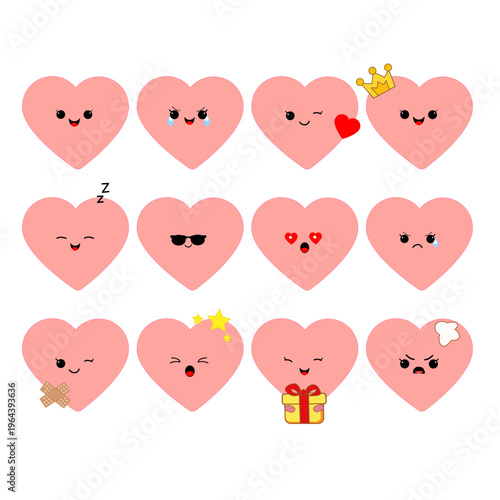 Flat design graphic of twelve pink heart characters with various facial expressions showing diverse feelings like happiness love and sadness.