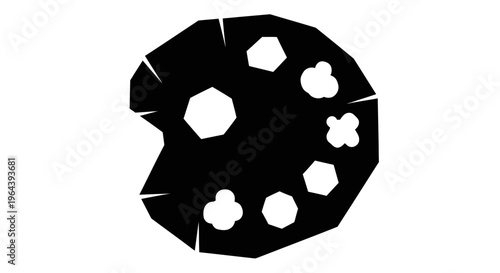 A black silhouette of an artist's paint palette with various white shapes representing dabs of paint, isolated on a white background.