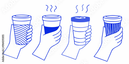 Four hands holding disposable coffee cups with steam rising