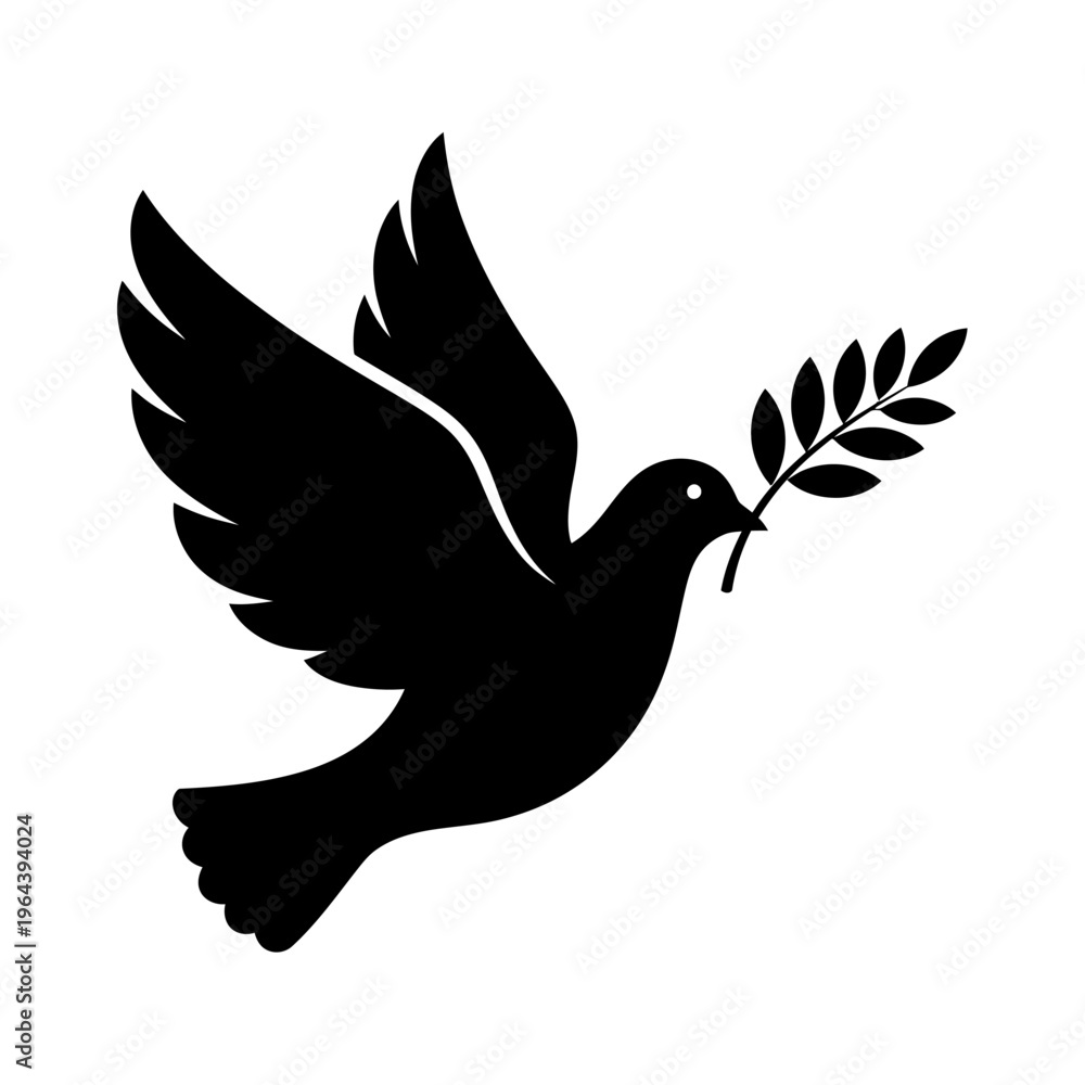 Fototapeta premium Black silhouette of a dove flying with an olive branch in its beak, symbolizing peace and hope.