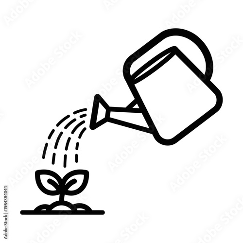 A black and white line art illustration of a watering can nurturing a small plant sprout with water, symbolizing growth and care.