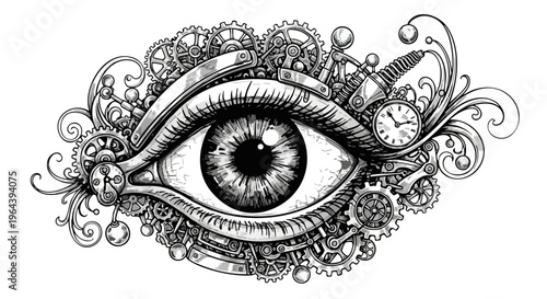 Steampunk mechanical eye vector illustration, vintage clockwork eyeball with gears and cogs, industrial surrealism line art for tattoos and posters