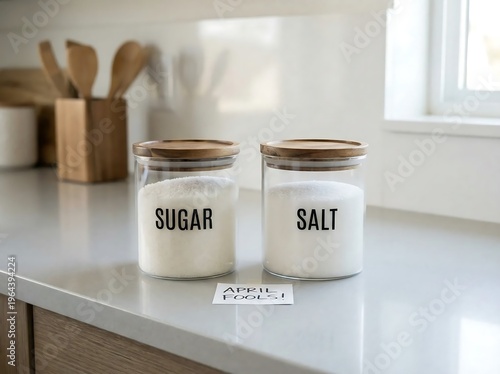 Sugar and Salt Jars on Kitchen Counter with April Fools' Day Note