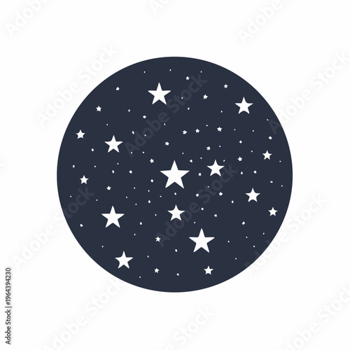 Circular night sky symbol with scattered white stars of different sizes over a dark blue background circle