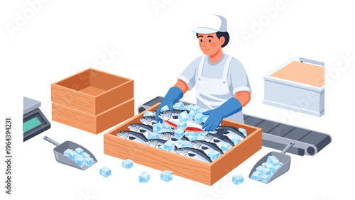 Precision Packing of Fresh Catch: A seafood processing worker carefully arranges fresh fish on ice within wooden crates, ensuring optimal preservation and quality. Capturing industry