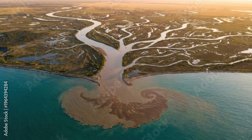 River delta aerial at sunset showing bifurcation tree from above, main channel splitting into distributary network across the floodplain, sediment plume brown in the sea beyond the mouth, the physics