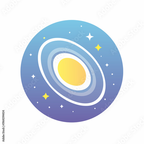 Stylized spiral galaxy illustration in blue gradient circle with yellow core and orbiting stars for space exploration