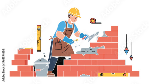Bricklayer Constructing a Wall: A skilled bricklayer meticulously constructs a brick wall, showcasing precision and craftsmanship, and bringing a construction vision to life.