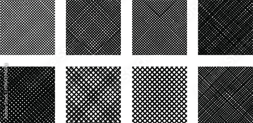 Eight black and white abstract grid and mesh pattern backgrounds with varying density and angles vector