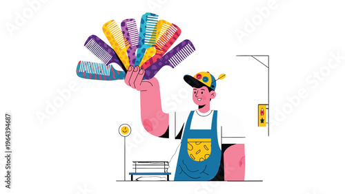Hair Stylist's Colorful Collection: An artistically rendered illustration showcases a cheerful stylist proudly displaying a vibrant array of combs. A lively depiction of professional expertise.