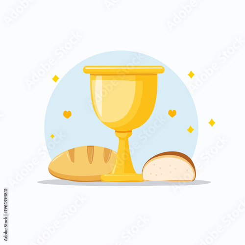 Golden chalice and bread symbolizing communion eucharist vector illustration with bread loaf
