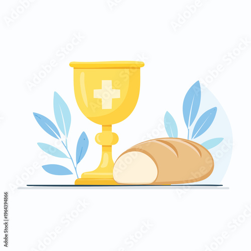 Christian holy communion concept with gold chalice and bread vector