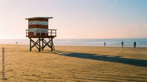 A vintage lifeguard tower on a wide sandy beach, painted red and white, casting a long morning shadow across the sand, the sea calm and pale blue beyond, the architecture of summer safety quietly