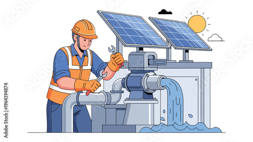 Sustainable Solutions: A technician meticulously repairs a water pump, powered by solar panels, symbolizing sustainable energy. 