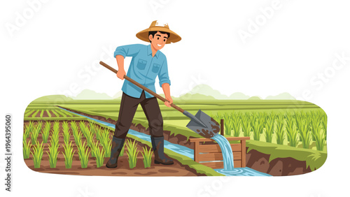 Cultivating the Land: A dedicated farmer, dressed in traditional attire, tends to the rice paddies.