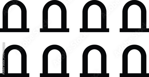 Eight Black Arch Shapes with Rectangular Bases Arranged in Two Rows geometric element