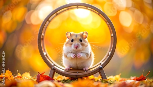 A cute, fluffy hamster sits inside its wooden wheel, with autumn leaves scattered around and a golden bokeh background