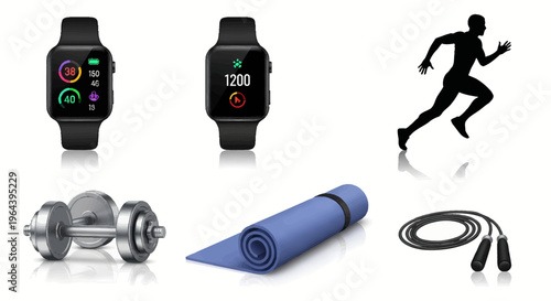 fitness tracker smartwatch with dumbbells yoga mat jump rope and runner silhouette for workout routine and exercise planning