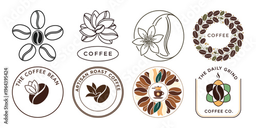 Collection of coffee themed logos and icons