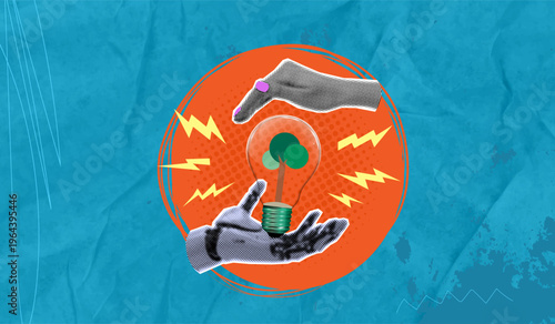 Halftone vector collage: a robotic hand touching a sprout icon, surrounded by renewable energy symbols, digital circuits, and eco-technology elements, symbolizing innovation for climate protection.