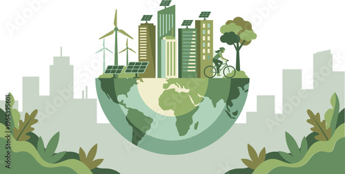 Sustainable green city concept with renewable energy wind turbines solar panels and eco friendly transport on a globe background