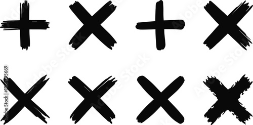 Eight Black Brush Stroke Crosses And Plus Signs In Various Styles On A White Background hand drawn grunge