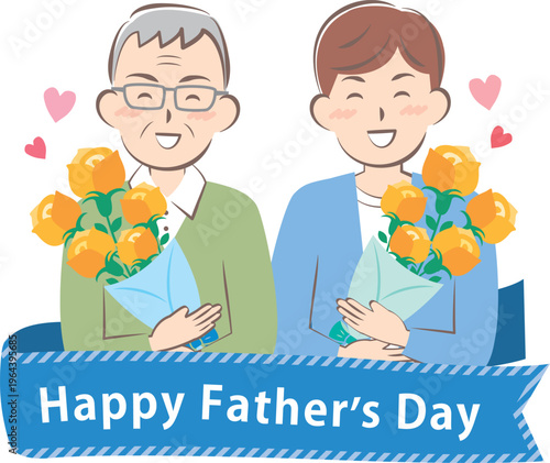 父の日にバラの花束をもらうお父さんとおじいちゃん　タイトル