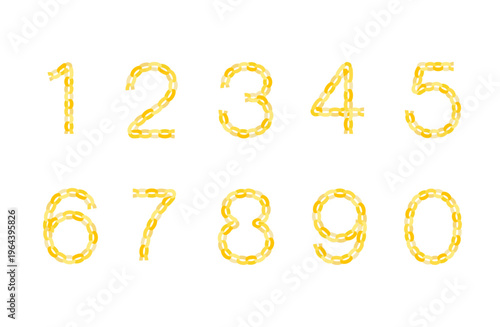 黄色の輪飾りペーパーチェーン数字セット 0〜9 ポップでかわいい誕生日・月齢フォト・ランキング素材 やさしいゴールド風 背景透過 / Yellow paper chain number set 0-9 cute birthday milestone soft gold style vector