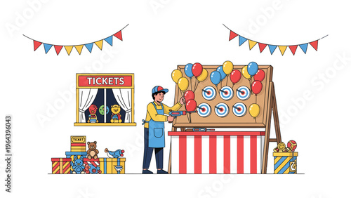 Carnival Game Booth: A vibrant illustration captures the essence of a lively carnival, with a game booth offering tickets and tempting prizes, as a participant aims at targets.