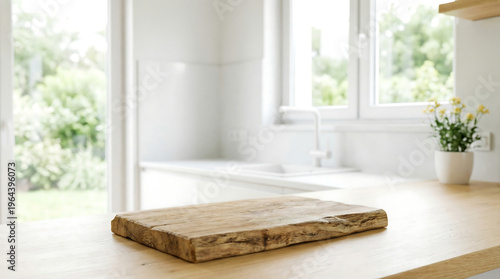 Rustic wooden cutting board on kitchen countertop for product mockup with blurred interior background
