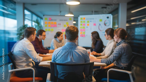 Team brainstorming session in a modern office with a whiteboard and sticky notes