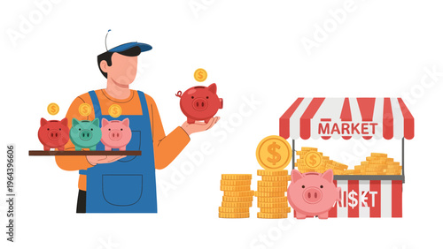 Market Investment: A man in uniform carefully presents an assortment of piggy banks against the backdrop of a vibrant marketplace scene.