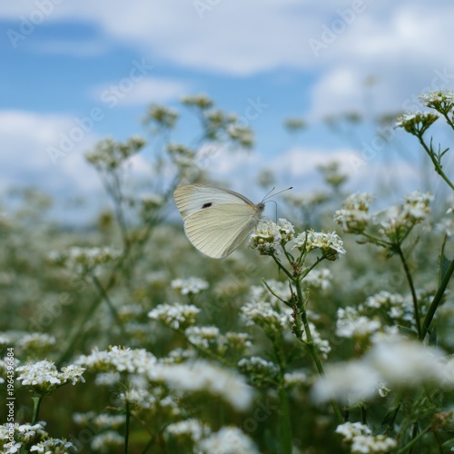 Cabbage white butterfly in blooming wildflower field under blue sky