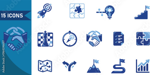 Business icons, management symbols, workflow signs, productivity graphics, 15 blue vector icons