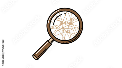 An isolated optical magnifying glass tool with a glass lens and handle for zoom and search exploration, shown as a vector icon symbol for magnification on a transparent background.
