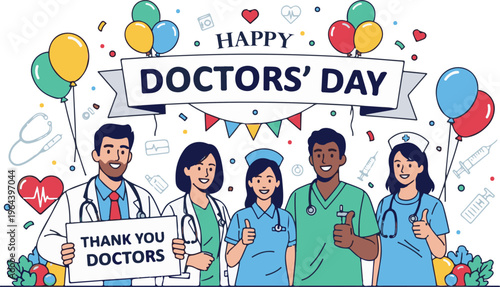 Diverse medical team celebrates Happy Doctors' Day with balloons and confetti, expressing gratitude for healthcare heroes.