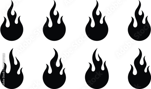 Eight Black Flame Shapes Arranged in Two Rows on a White Background fire icon abstract shape