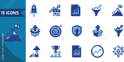 Business icons, corporate symbols, 15 vector graphics, finance and marketing signs