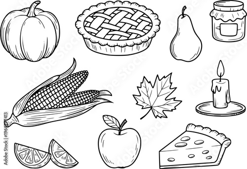 Hand drawn black and white autumn harvest food collection with pumpkin pie corn apple