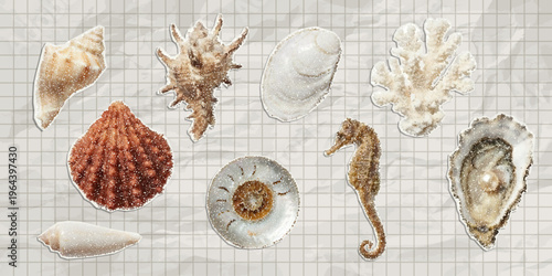 Trendy paper cutout collage marine elements with stipple effect. Clippings seashell.  Halftone style stickers for modern collage template.