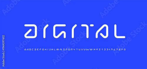 Technical future font, trendy digital cyber alphabet, letters from A, B, C, D, E, F, G, H, I, J, K, L, M, N, O, P, Q, R, S, T, U, V, W, X, Y, Z and numbers from 0, 1, 2, 3, 4, 5, 6, 7, 8, 9 for design