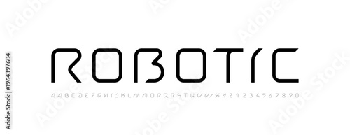 Technical future font, trendy digital cyber alphabet, letters from A, B, C, D, E, F, G, H, I, J, K, L, M, N, O, P, Q, R, S, T, U, V, W, X, Y, Z and numbers from 0, 1, 2, 3, 4, 5, 6, 7, 8, 9 for design
