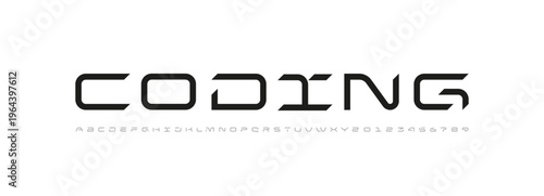 Technical font, digital wide cyber alphabet, letters from A to Z and numbers from 0 to 9 for you logo designs, vector illustration 10EPS