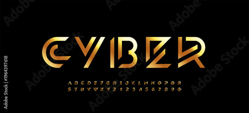 Logo font alphabet from segment gold lines, technology golden letters A, B, C, D, E, F, G, H, I, J, K, L, M, N, O, P, Q, R, S, T, U, V, W, X, Y, Z and numerals 0, 1, 2, 3, 4, 5, 6, 7, 8, 9, and number