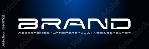 Technical font, digital wide alphabet, cyber white letters from A to Z and numbers from 0 to 9 for you logo designs, vector illustration 10EPS