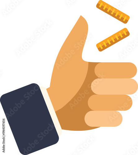 Hand showing approval with falling gold cash coins for good business ideas
