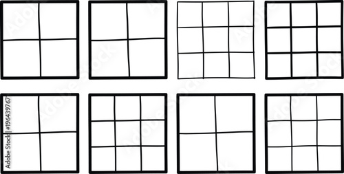 Eight Black Grid Shapes of Varying Divisions on White Background square rectangle