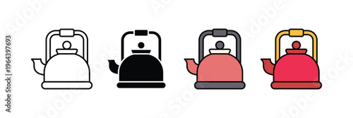 Stainless steel water kettle for kitchen boiling and hot tea preparation icon set. Traditional stovetop teapot for coffee and beverage brewing symbol. Vector Illustration.